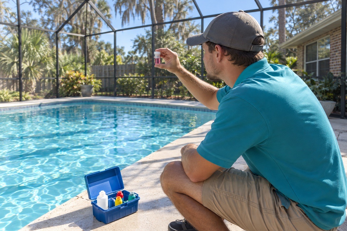 A tech at a screened pool in Pace