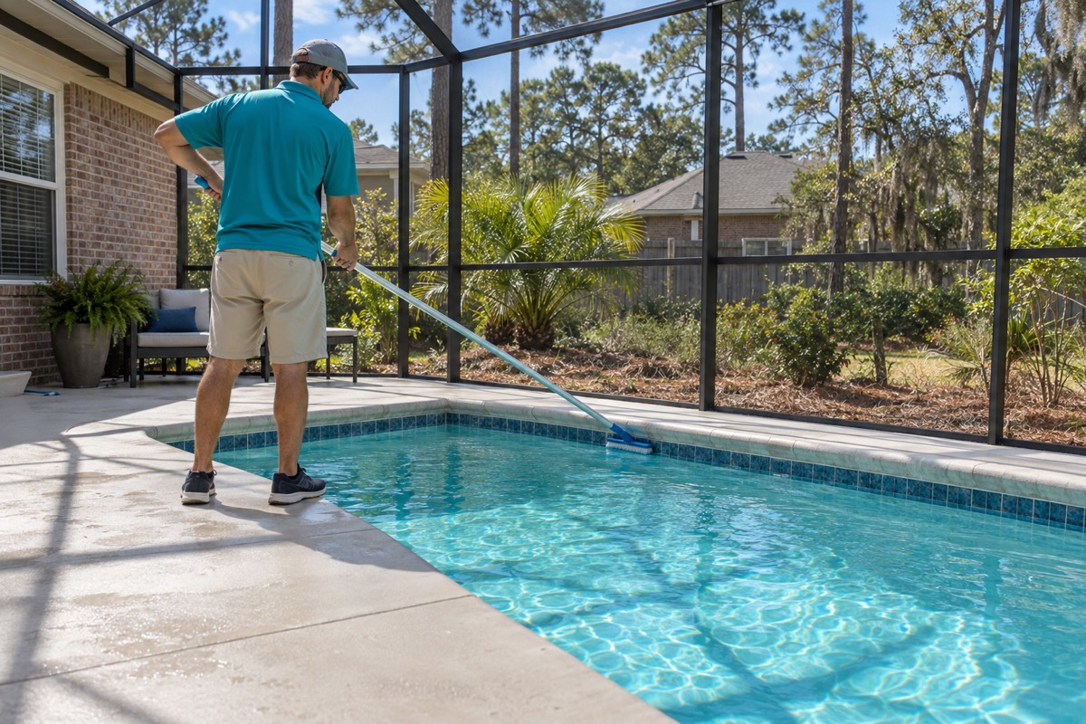 A pool tech brushing the tile line of a residential pool