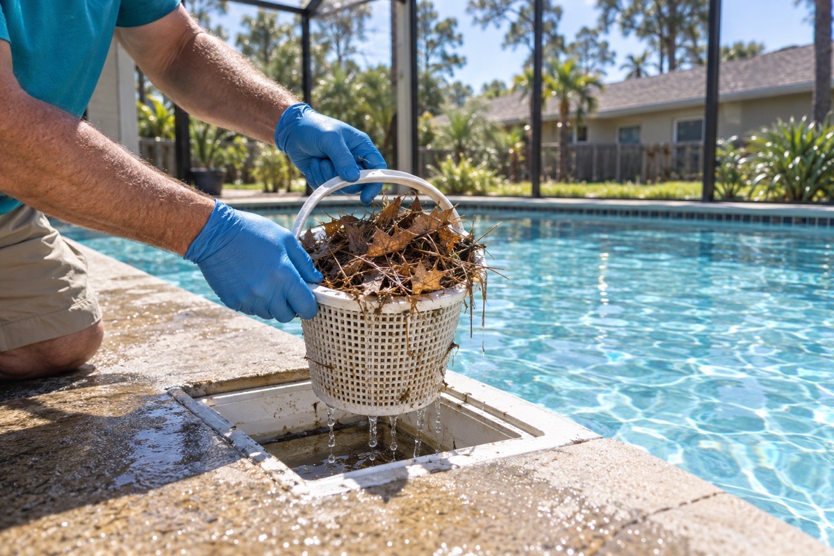 A skimmer basket full of leaves after a storm