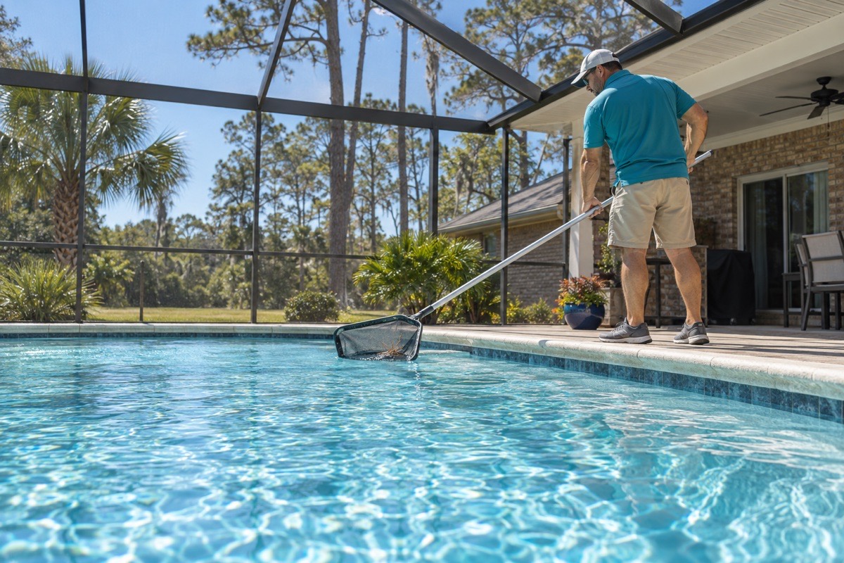 Weekly visit: skimming a screened pool in Pensacola